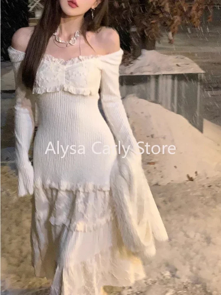 Весна 2024 элегантное вязаное платье женское кружевное лоскутное Koeran миди