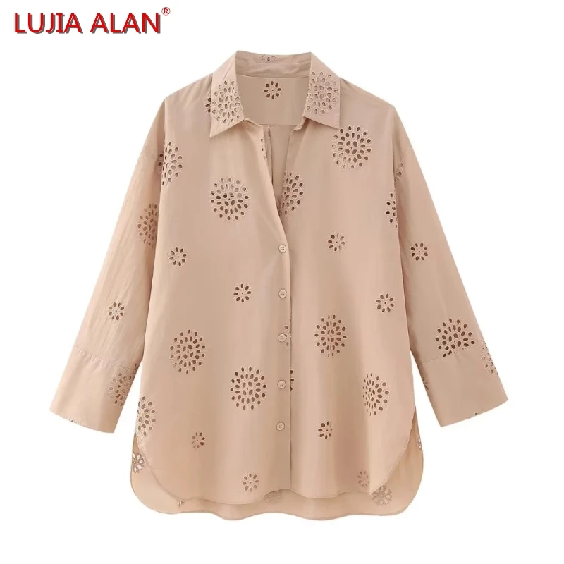 

Autumn New Women Hollow Embroidered Shirt Female Nine Quarter Sleeve Blouse Casual Loose Tops 3 Colors LUJIA ALAN B2199