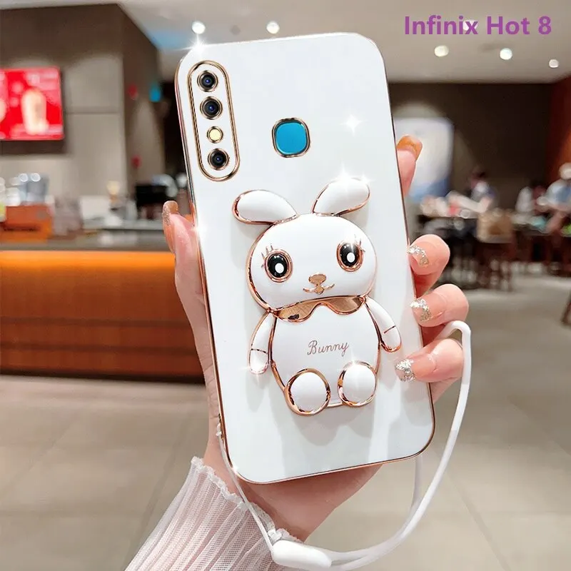 

Phone Case for Infinix Hot 10 10 Play 10s Infinix Hot 9 9Play Hot 8 Luxury Plating Square Rabbit Holder With Landyard Case Cover