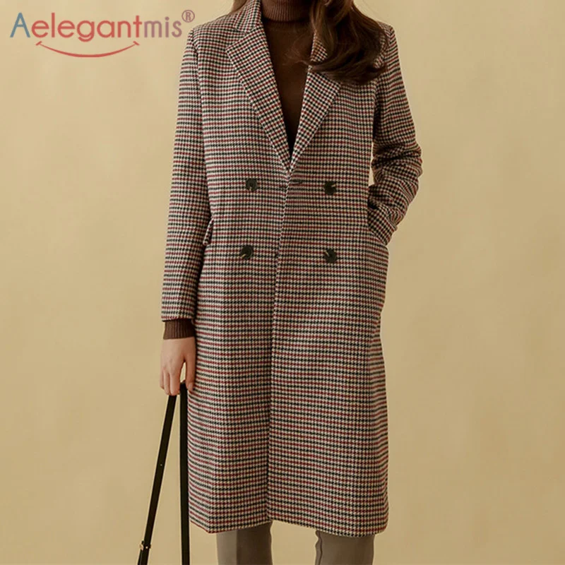 

Aelegantmis Houndstooth Korean Loose Woolen Coats Women Double Breasted Vintage Long Jackets Female Autumn Winter Warm Overcoats