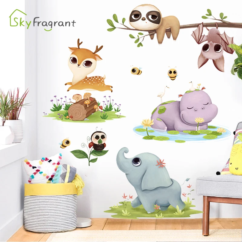 

Cartoon Cute Animal Baby Elephant Deer Forest Wall Sticker Self-adhesive Baby Bedroom Kids Room Decor Home Decoration Stickers