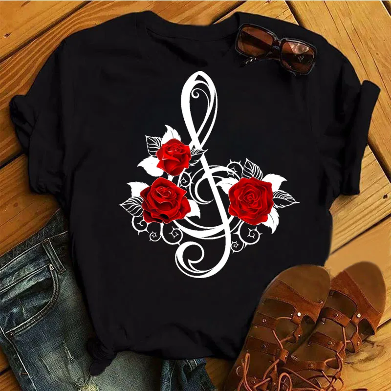 

New Fashion Women Black T Shirt Red Rose Musical Note Printed T Shirt Harajuku Cute Graphic Tee Shirt Female Ladies Casual Tops