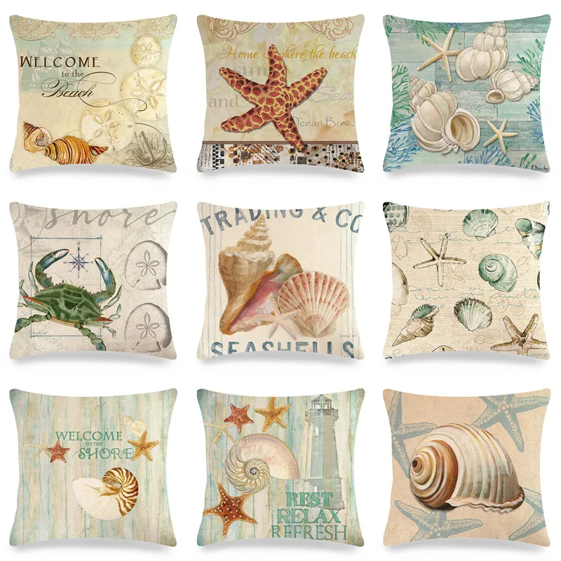 

45cm*45cm Watercolor sea creature conch beach shell home upholstery sofa cushion cover pillow home decor pillow covers