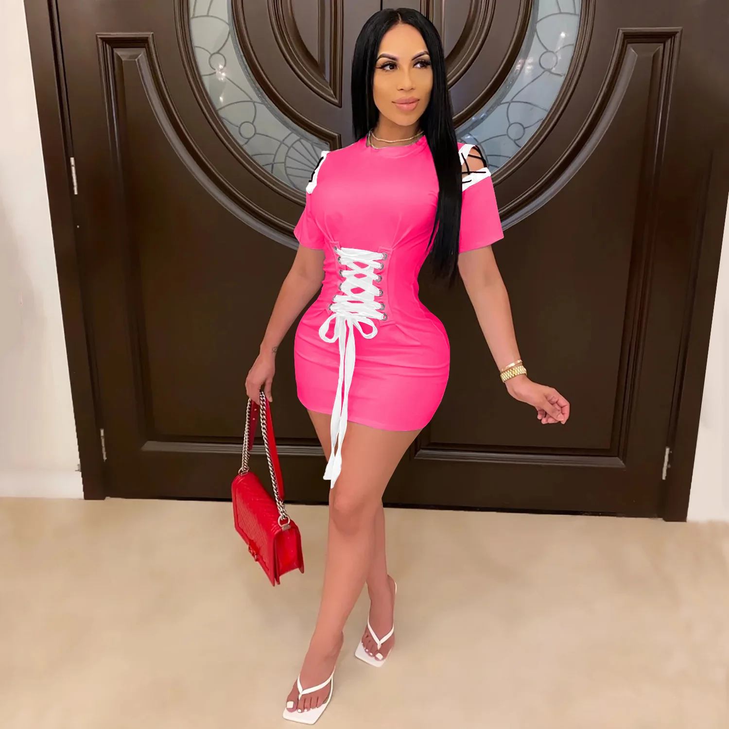 

Женское облегающее платье на шнуровке, ажурное повседневное мини-платье с коротким рукавом, приталенная летняя одежда, Y2k, 2021