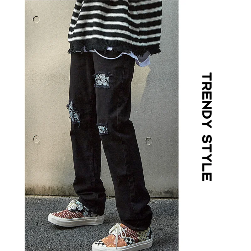 Streetwear Men 2022 Autumn High Street New Pattern Self-cultivation Black Straight Cylinder Recreational Ripped Jeans Female