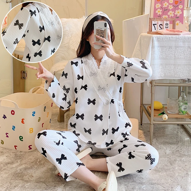 Winter Pregnant Woman Lactation Pajamas Set Fashion Maternity Nursing Clothes Lace Patchwork Breastfeeding Tops+Pants Cotton Set