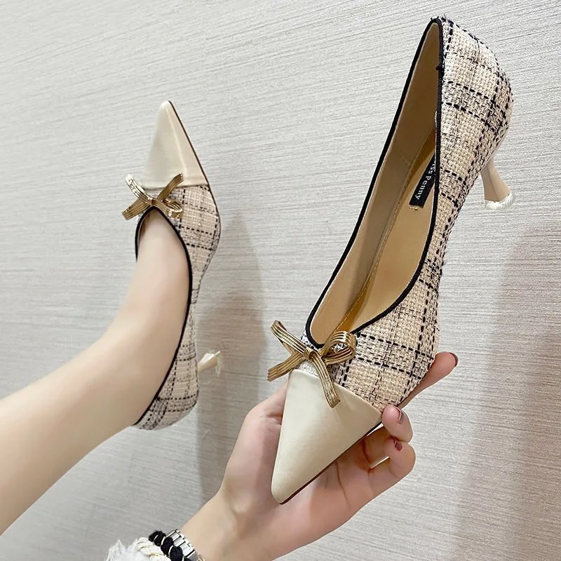 

Bowknot shallow mouth high heels female spring and autumn new Korean fashion pointy single shoes