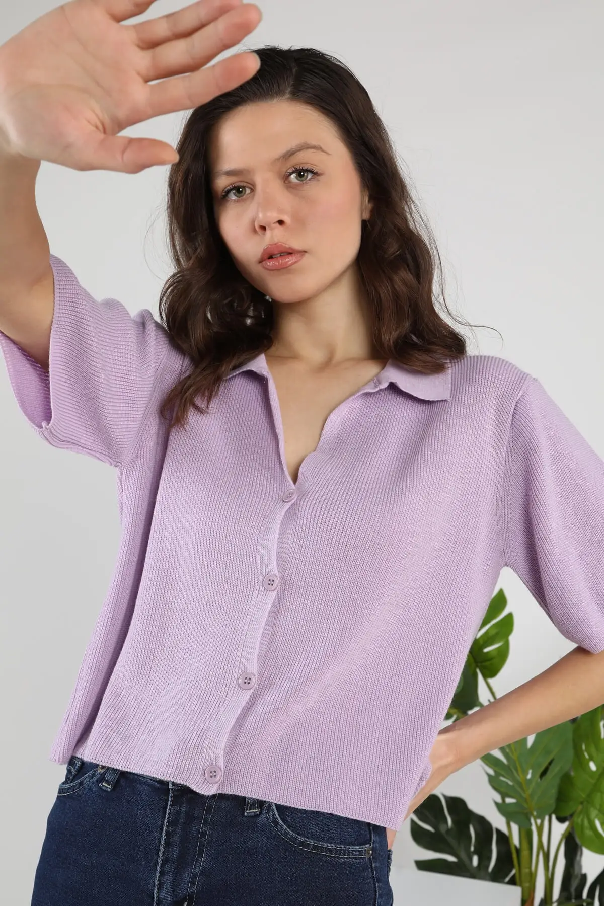 

Women's Cardigan Lilac Front Buttoned Polo Neck Casual Knitted Quality Fashion Cardigan Sweaters Loose Sweater Jumper