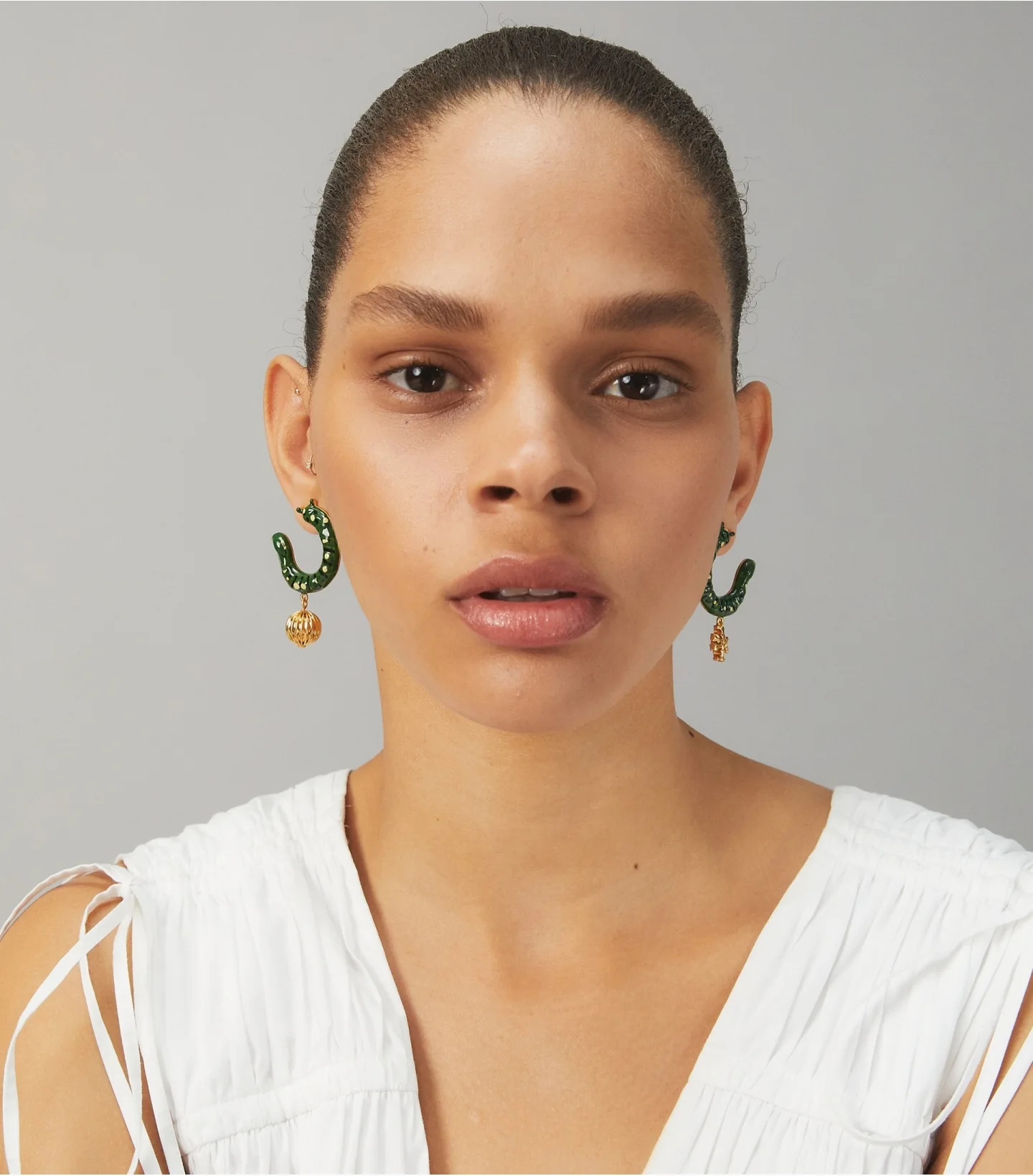 

Enamel Green Caterpillar Asymmetric Square Label Earrings