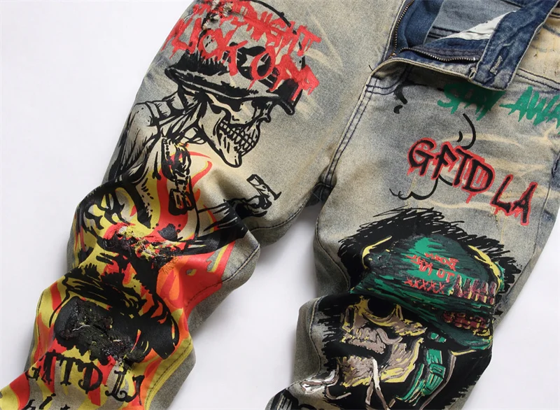 Men's Colorful Graffiti Printed Jeans Y2K Colorful Slim Fit Tapered Elastic Casual Pants Fashion Street Clothing Small Foot Pant