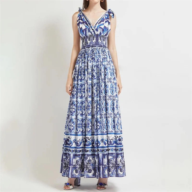 Summer Dresses For Women 2023 Korean Fashion Printing V-neck Sling Long Dresses Vacation Casual High Waisted Large Swing Skirt