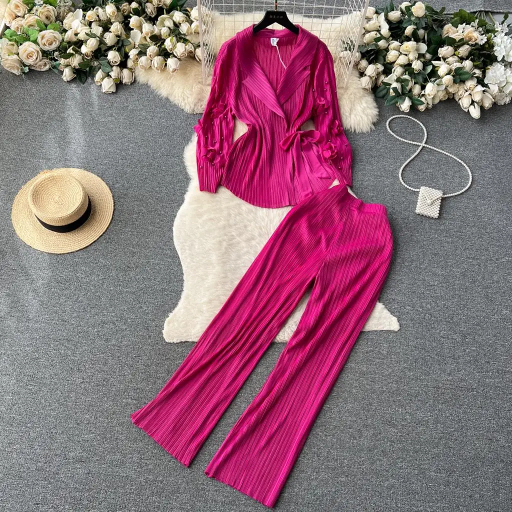 

Autumn Women Fashion Elegant Casual Pantsuit Solid Vintage Shirts Tops and Straight Pants 2 Pieces Set Female Chic Party Outfits