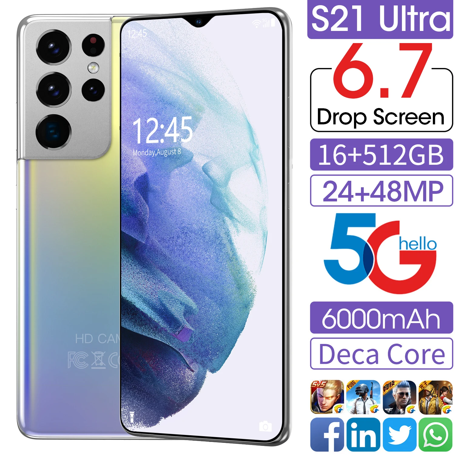 

Смартфон S21 Ultra, 6,7 дюйма, 16 ГБ + 512 Гб, 48 МП, разблокированный телефон с функцией распознавания лица, Android, 6000 мАч
