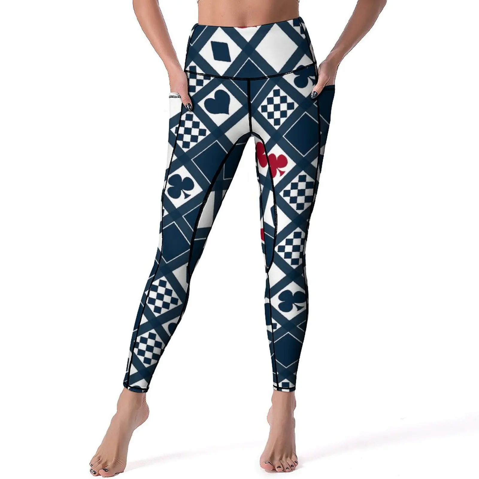 

Playing Cards Leggings Sexy Hearts Crosses Clubs Gym Yoga Pants High Waist Stretch Sports Tights Pockets Retro Design Leggins