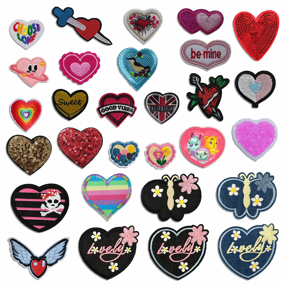 

Wholesale sales 100 pieces Heart shaped embroidery hot melt adhesive ironing sewing repair of holes decoration clothing patches