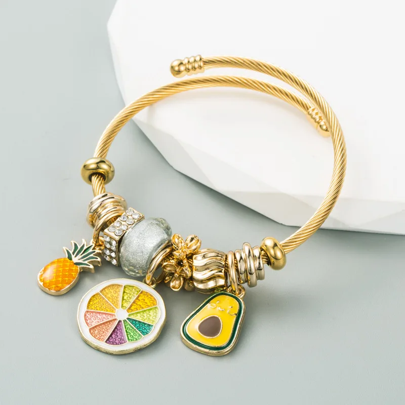 

Cute Gold Alloy Fruit Pineapple Pendant Charm Mixed Beads Adjustable Tag Women Girls Open Cuff Bangle DIY Jewelry