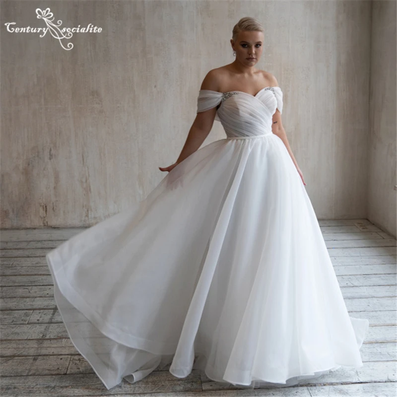 

Off Shoulder Wedding Dresses for Women 2022 Bride Crystal Button Pleats Organza Boho Bridal Gowns Bride Dress Vestido De Noiva