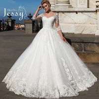 luxury vintage wedding dress embroidered lace on net ball gown train corset o neck three quarter bridal button robes de mari%c3%a9e
