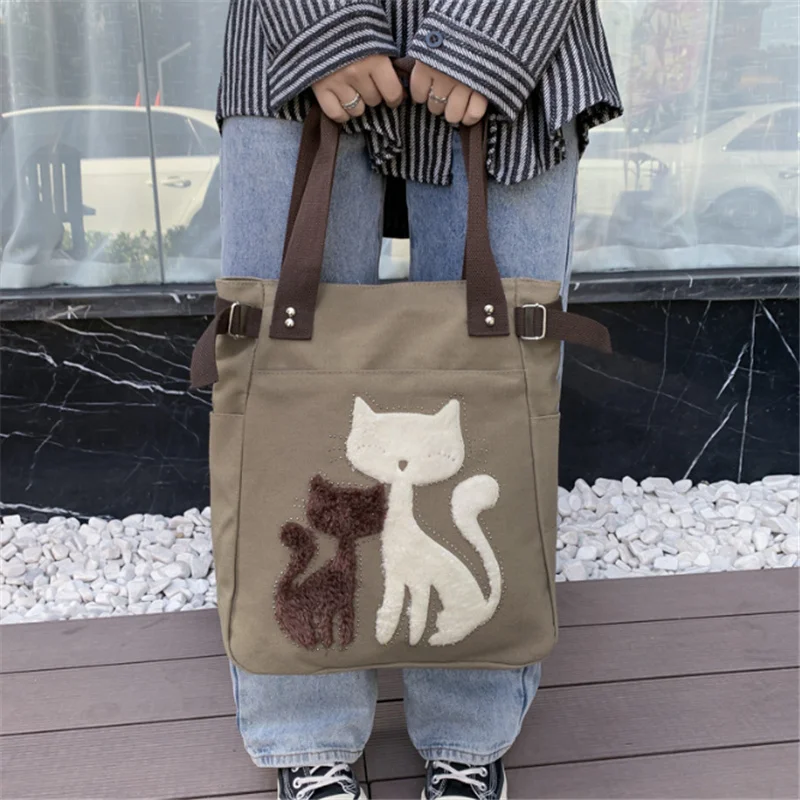 

Lovely Cute Cat Canvas Handbag For Girls Ladies Large Capacity Casual Bag Women Portable Solid Zipper Shoulder Bag