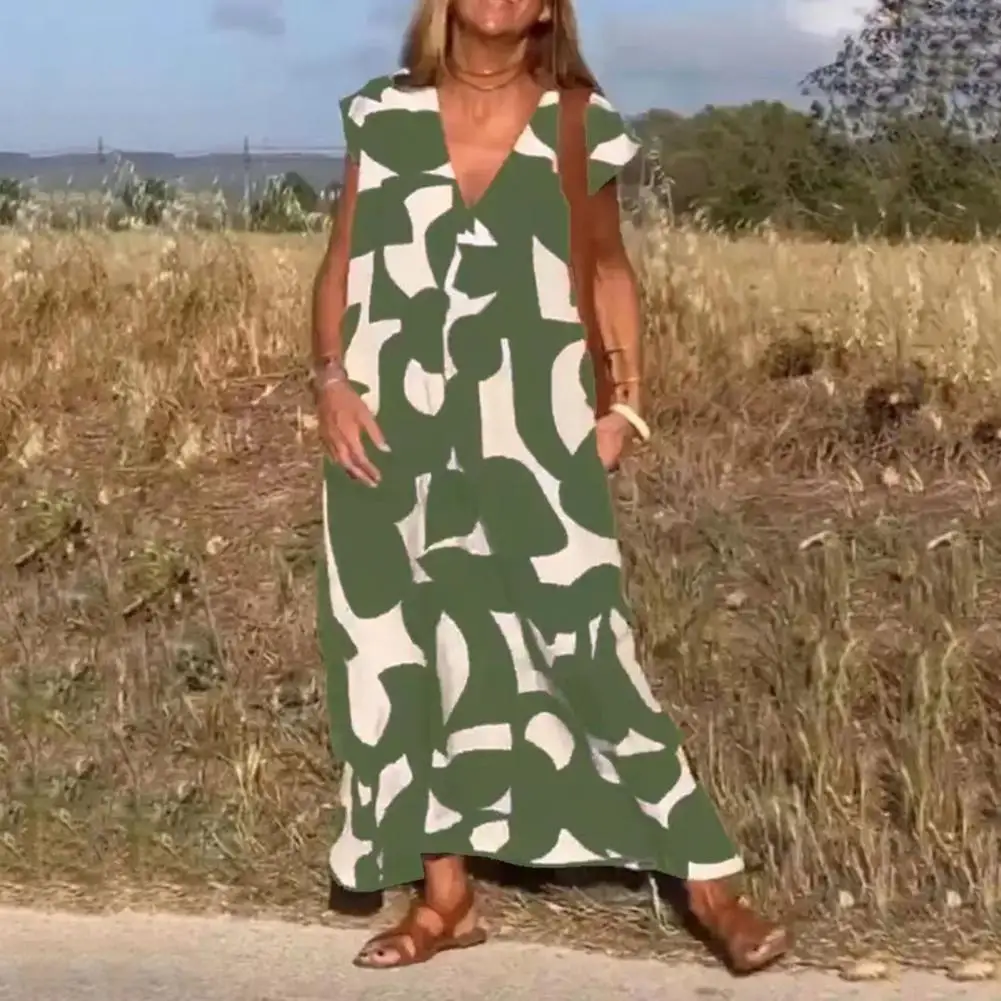 

Lady Maxi Dress Stylish Contrast Color V Neck Maxi Dress Soft Breathable A-line Ankle Length Lady Dress with for Fashionable