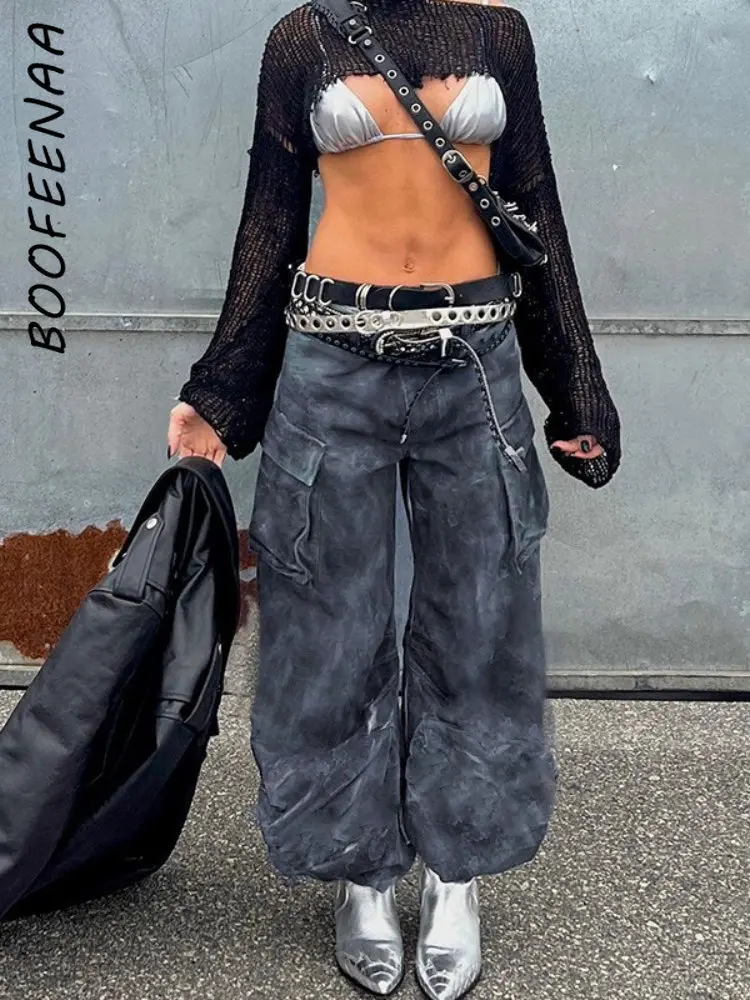 

Серые брюки-карго BOOFEENAA Y2k, уличная одежда, женские брюки 2022, Зимние Модные мешковатые брюки с широкими штанинами, женские брюки