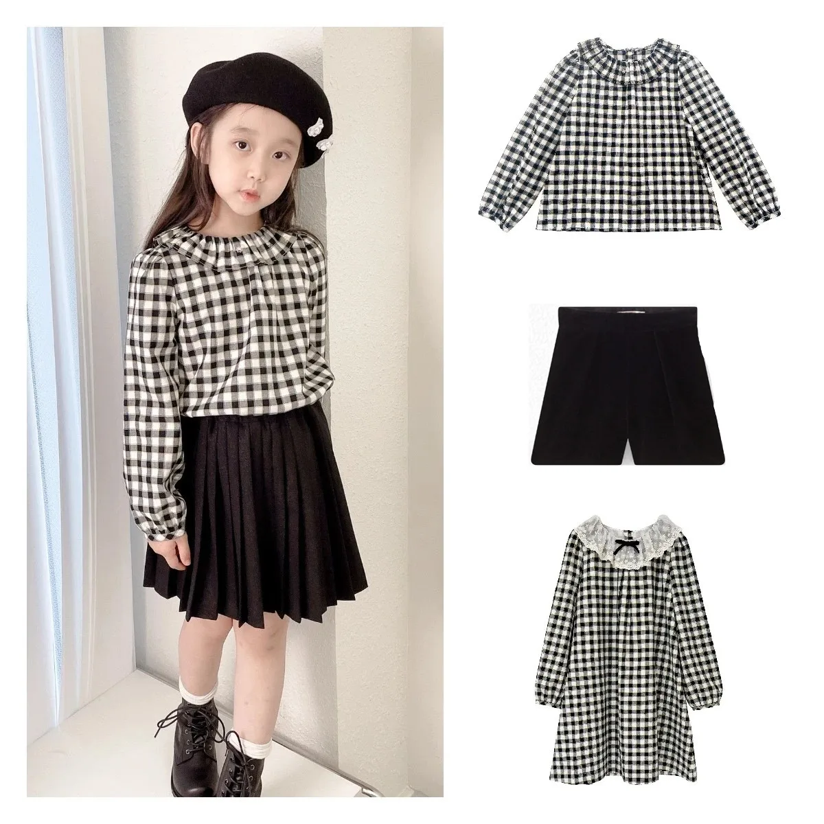 

22 Autumn and Winter Girls French Retro Classic Plaid Skirt Temperament Lace Collar Bow Long Sleeve Dress Princess Skirt