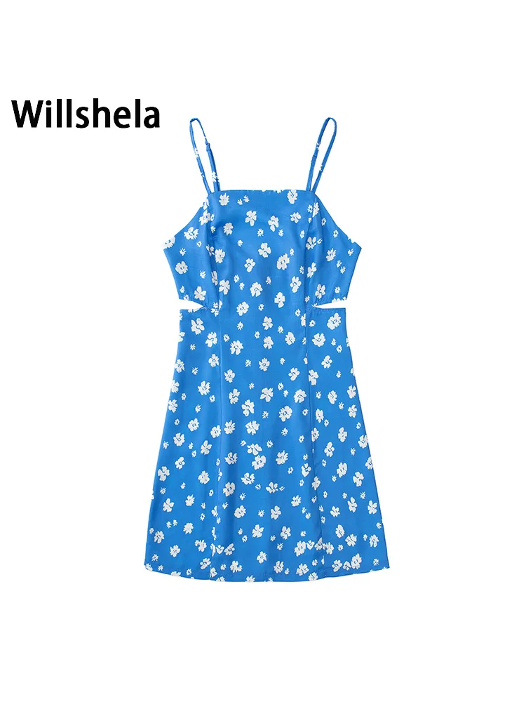 

Willshela Women Fashion Printed Side Hollow Out Back Zipper Mini Dress Vintage Thin Straps Halter Neck Female Chic Lady Dresses
