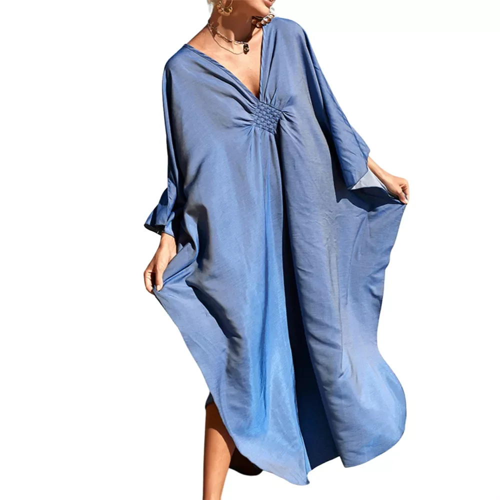 

Foohoostore Women's Beach Cover-up Loose Robe Long Sleeve Lace See Through Drawstring Tunic V Neck Beach Blouse Dress Swimwe