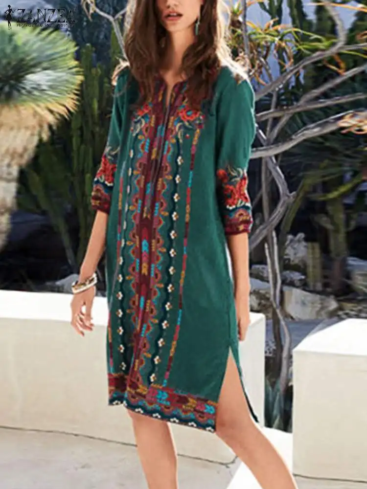 

ZANZEA Summer Puff Sleeve Stylish Vintage Women's Sundress Floral Printed Dress Knee Length Vestidos Female V Neck Robe 2022