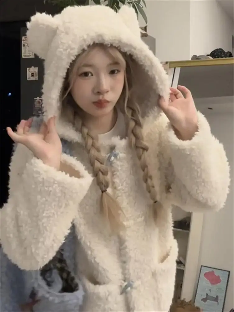 Корейская серия дизайнерский капюшон из овечьей шерсти женское пальто 2024 зимнее