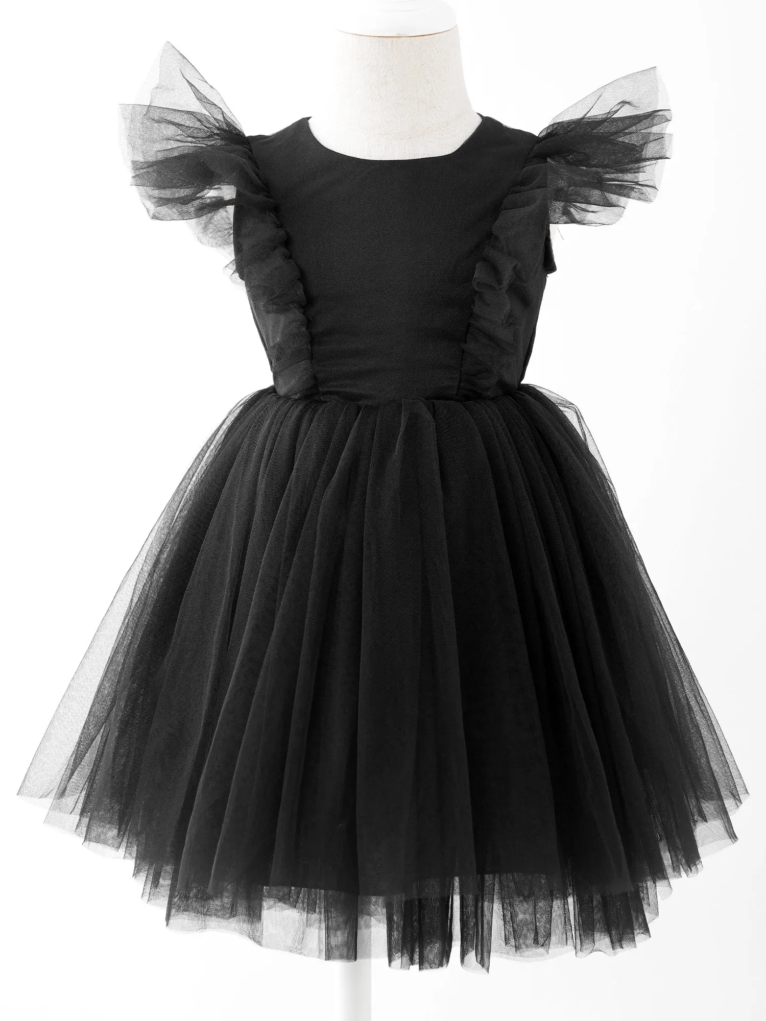 

Kids Girls Dress Ruffle Fly Sleeve Fluffy Tulle Tutu Dress Round Neck Mesh Back Party Dress For Wedding Party costumes for girls
