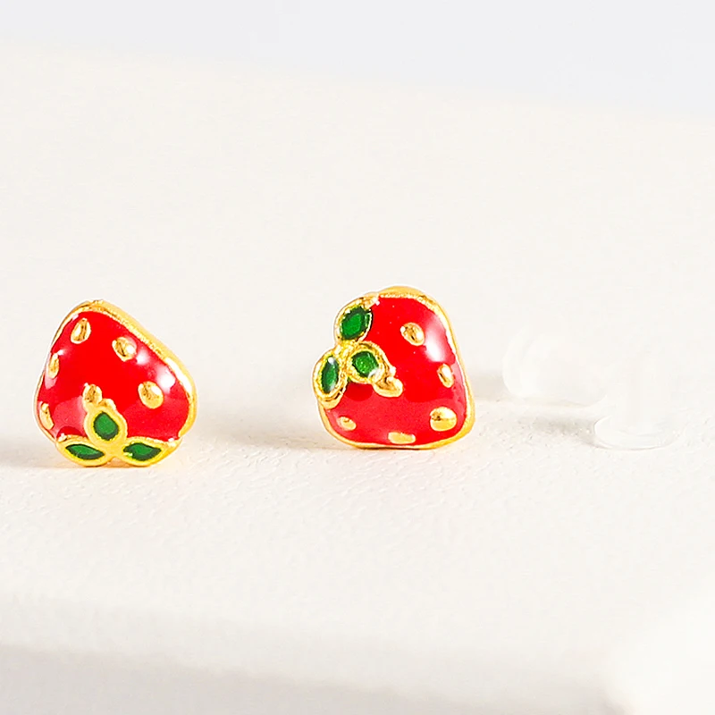 

Новинка, серьги из желтого золота 24 карата, летние золотые серьги-гвоздики с 3d-изображением клубники, ананаса