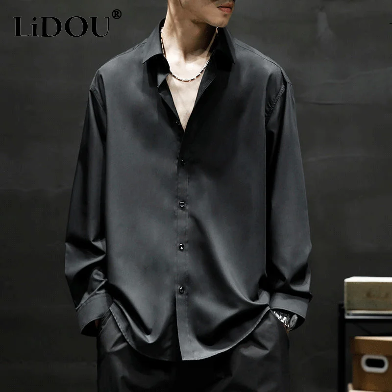 

Men's Loose Street Clothing Spring and Autumn Leisure Fashion High-end Simple Shirt Men's Long-sleeved Pleated Solid Color Shirt