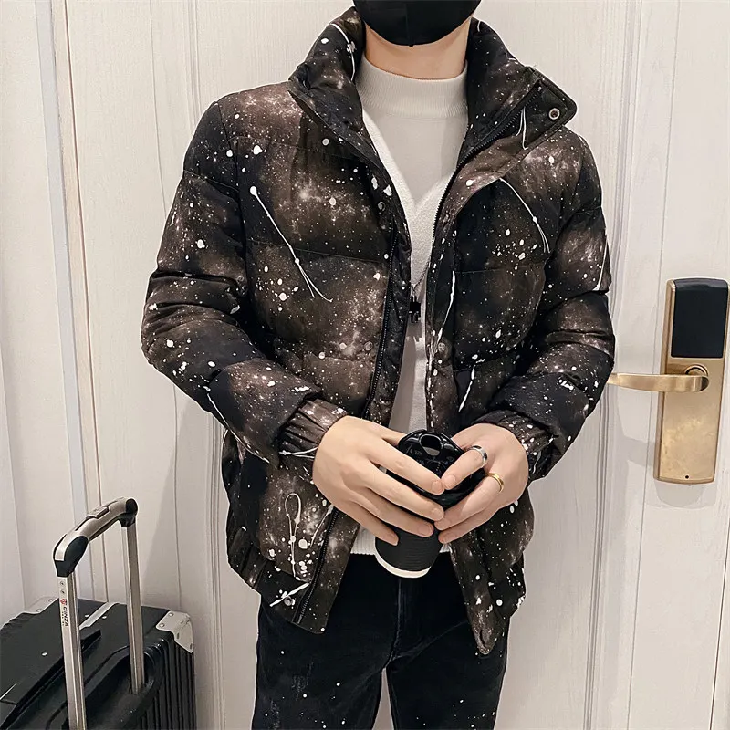 Starry Sky Print Winter Men's Jackets Korean Thicken Warm Casual Parka Jacket Zipper Streetwear Social Overcoat Male Clothing