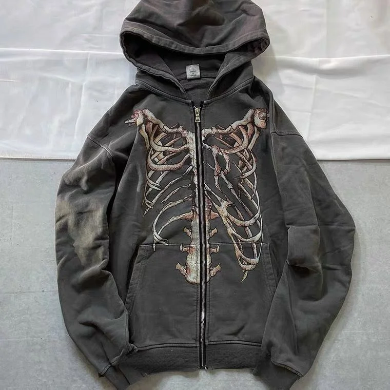 

Hop Hooded Sweatshirts Gothic Harajuku Hip Oversized Zipper Jacket Skeleton Print Hoodie Women Autumn Winter Vintage Loose