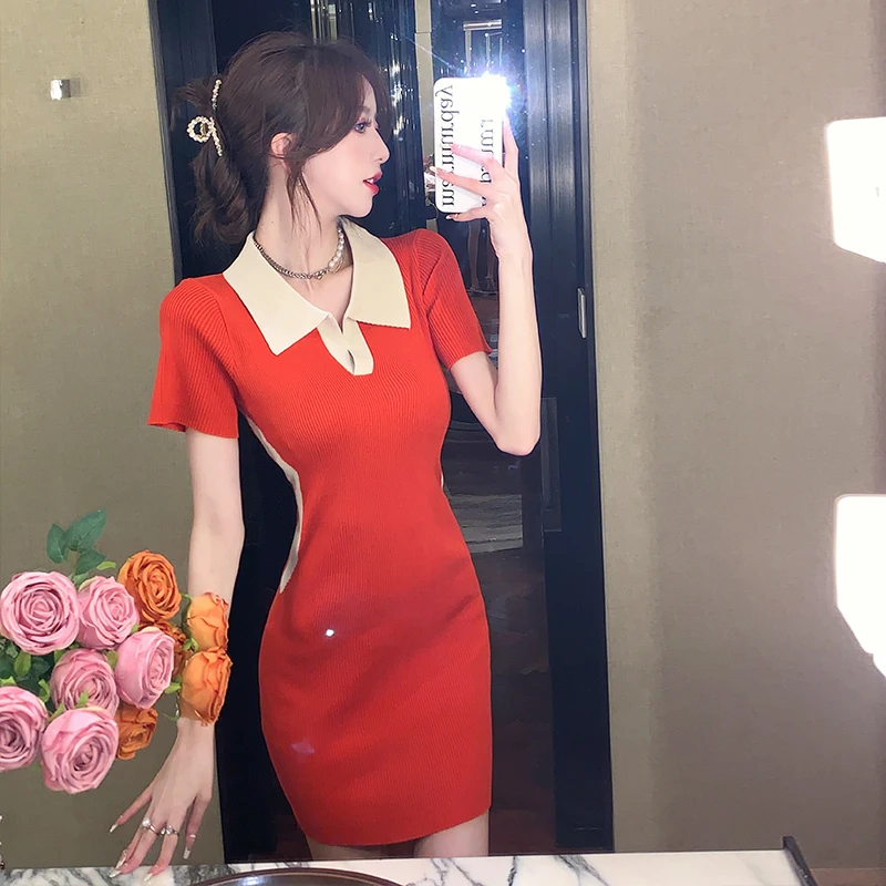 

Винтажное мини-платье-футляр для женщин, пикантное вечернее платье с коротким рукавом и воротником-поло, женская одежда на лето 2022, Vestidos Mujer