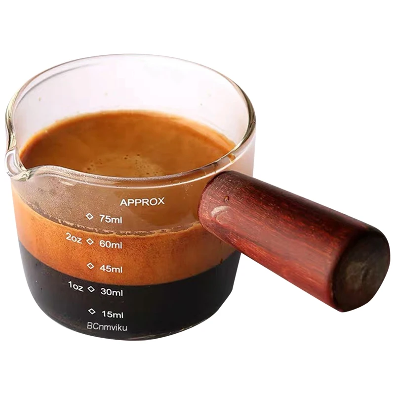 

Glass Measuring Cup Espresso Shot Glass 75ML Triple Pitcher Barista Single Spouts with Wood Handle