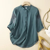 balonimo summer blouse women embroidery hollow out half sleeve shirts stand collar solid color tops blusas femininas elegantes