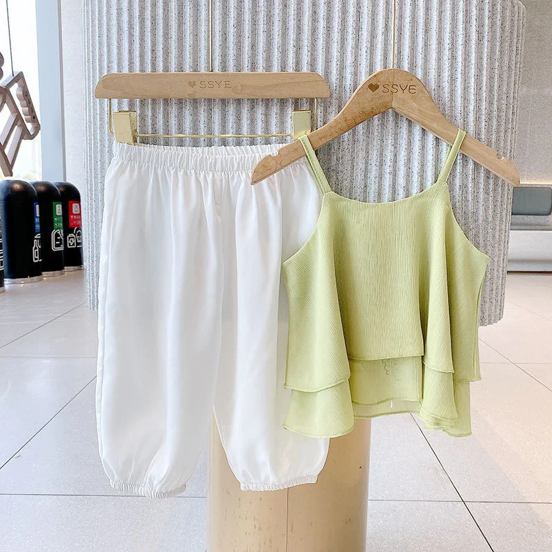 

2022 Summer New Girls Fashion Chiffon Suit Sling Top Pants 2 Pieces Set Children's Clothes For 2-8 Girls Vacation Outfits