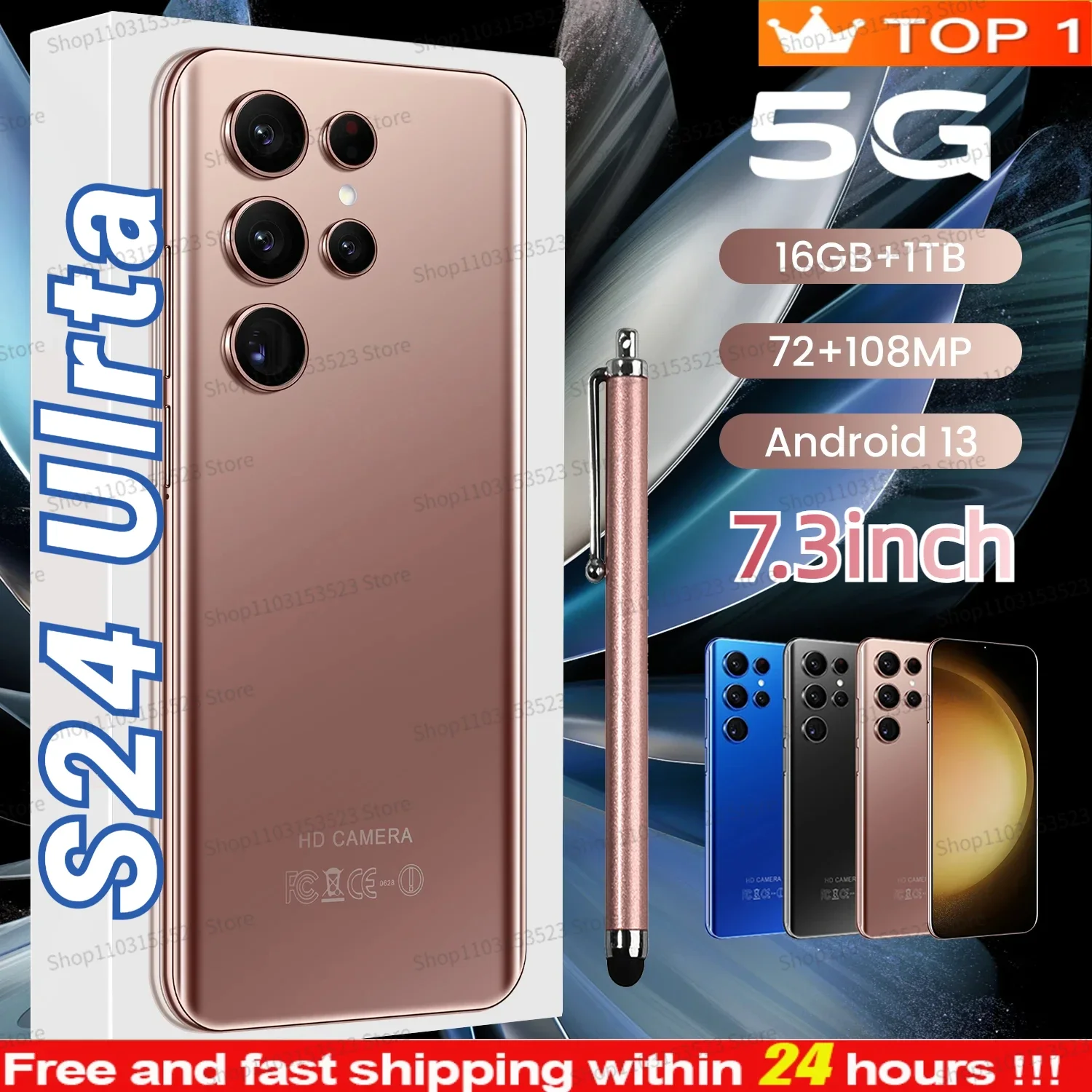 

2023 New S24 Ultra 5G Smartphone 7.3 Inch Full Screen Telephone 16GB+1TB 4G Mobile Phones Global Version Android 13 Cell Phone