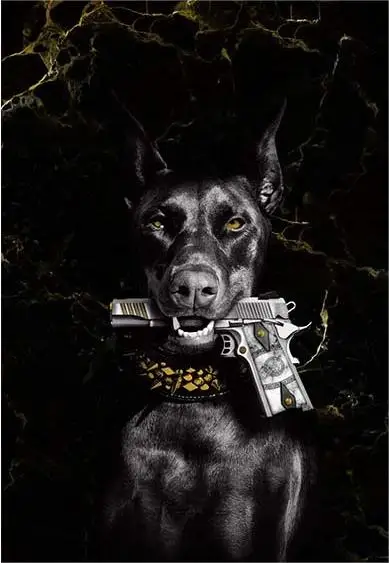Собака с оружием холст печать картина Doberman с пистолетом во рту плакат  черный и белый Смешные животные Настенная картина Декор для дома |  AliExpress