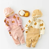 toddler baby girl clothing sets spring autumn cartoon bear print boy romper plaid pants suit for newborns cotton kids clothes