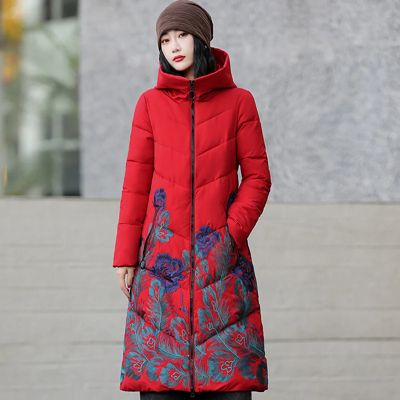 2023 Winter X-long Jacket Women Embroidery Loose Long Woman Parkas Hooded Stand Collar Cotton Padded Coat Female Overcoat enlarge