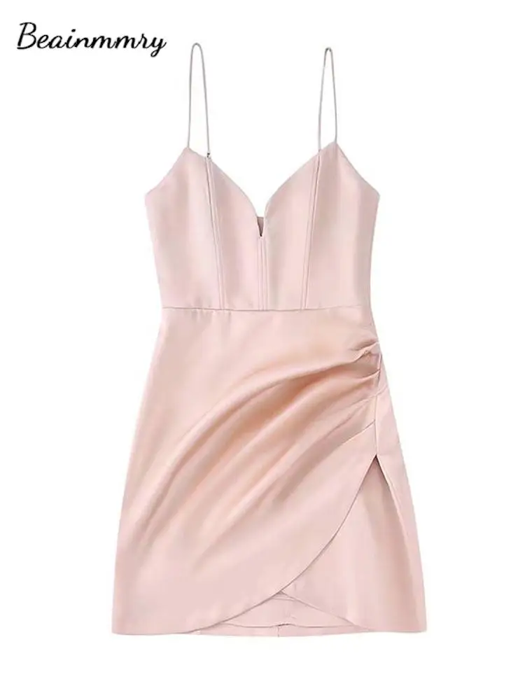 

Women Sexy Suspenders Short Dress A-Line Low Cut Silk Satin Texture Backless Split Lady Elegant Dresses Autumn Party Dresses