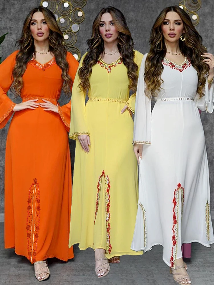 

Яркое женское платье в мусульманском стиле, модель Eid Dubai Abayas со стразами, элегантный кафтан, платье, платье из Турции, модель 2023 года