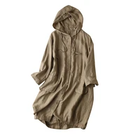flax spring summer korean coats women hooded linen safari style long single breasted trench three quarter sleeve