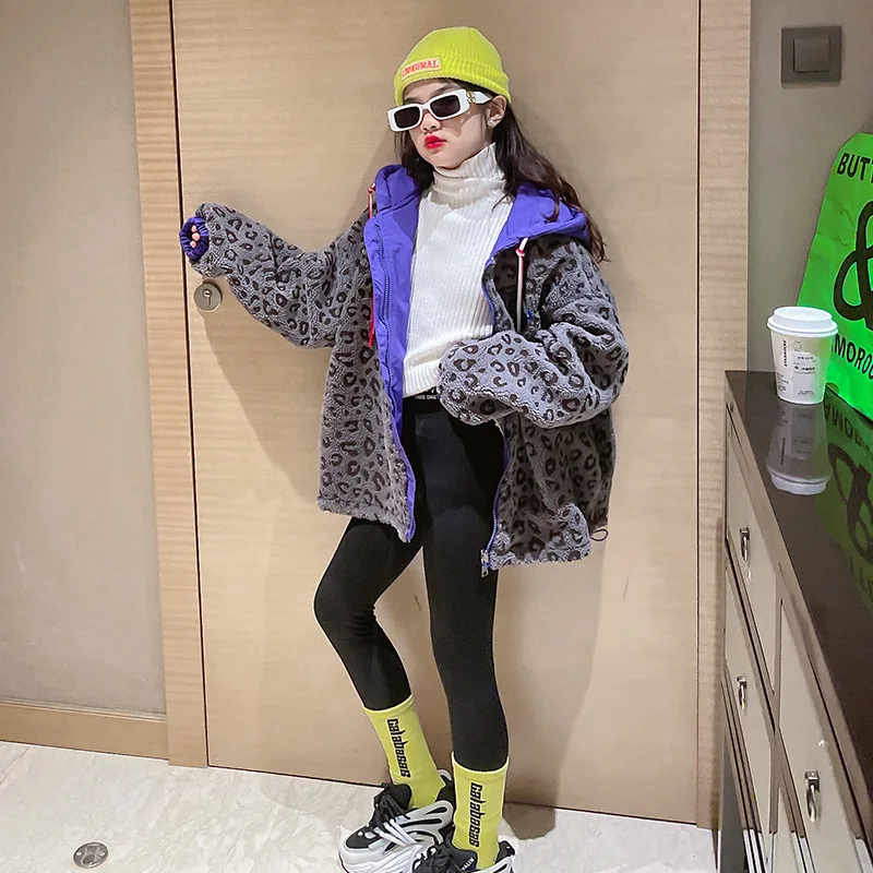 

Kids Jackets for Girls Autumn Winter Two-side Wear Fleece Coats New 2022 Fashion Children's Clothing 12 14 Years Girls Outerwear