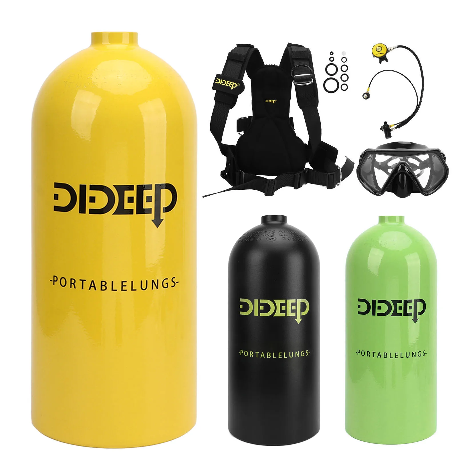 DIDEEP Diving Snorkelling Equipment Diving Rebreather Oxygen Tank 3L X6000 Rebreather + Double Shoulder Clip Blank Goggles
