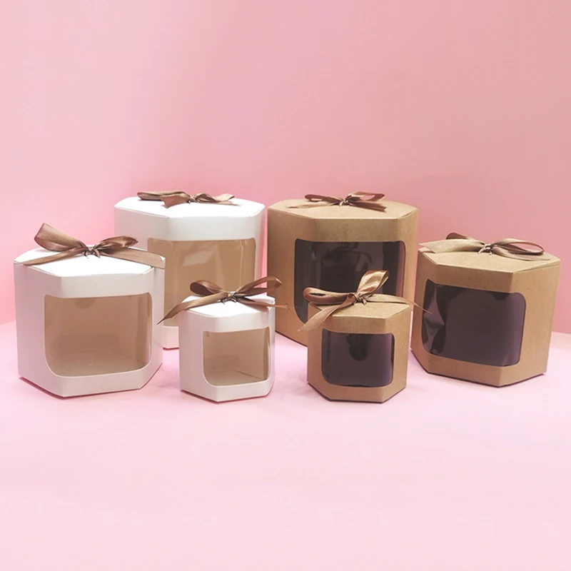 

1PC Cake Box Packaging Paper Bags With Clear PVC Window Birthday Girl Gift Box Presents Sweets Kraft Paper With Ribbon Package