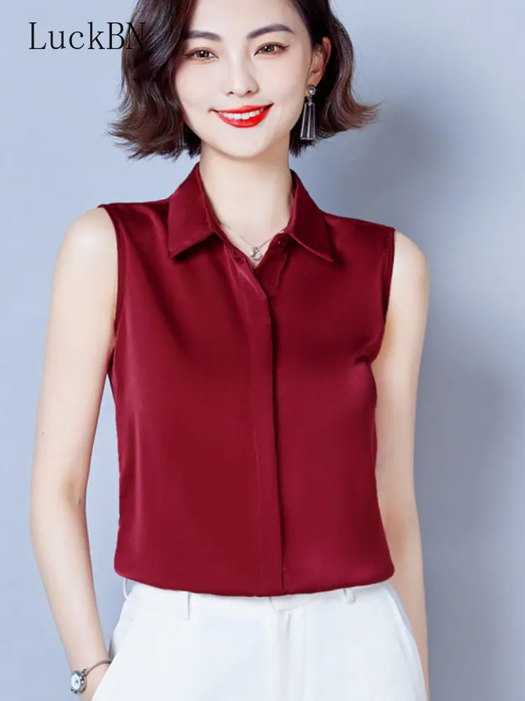 

Summer Satin Blouse Women Clothing Polo-Neck Sleeveless Vest Chiffon Shirts OL Womens Tops and Blouses Solid Fashion Ladies Top